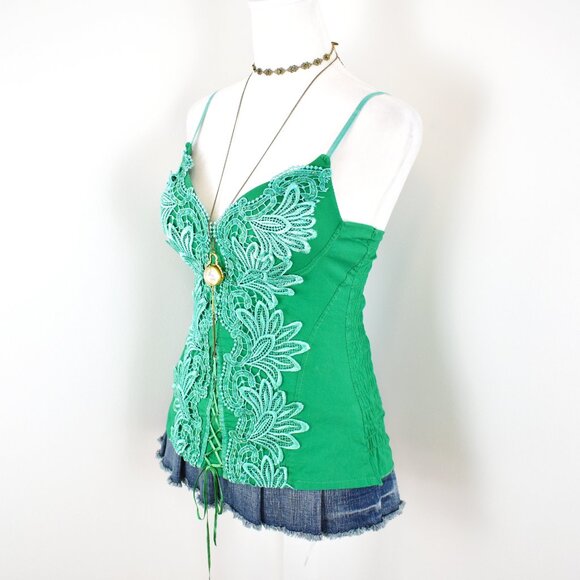 VTG 00s Y2K NOA Green Floral Embellished Beaded Faux Corset Lace Up Bustier Sz L - Picture 2 of 6